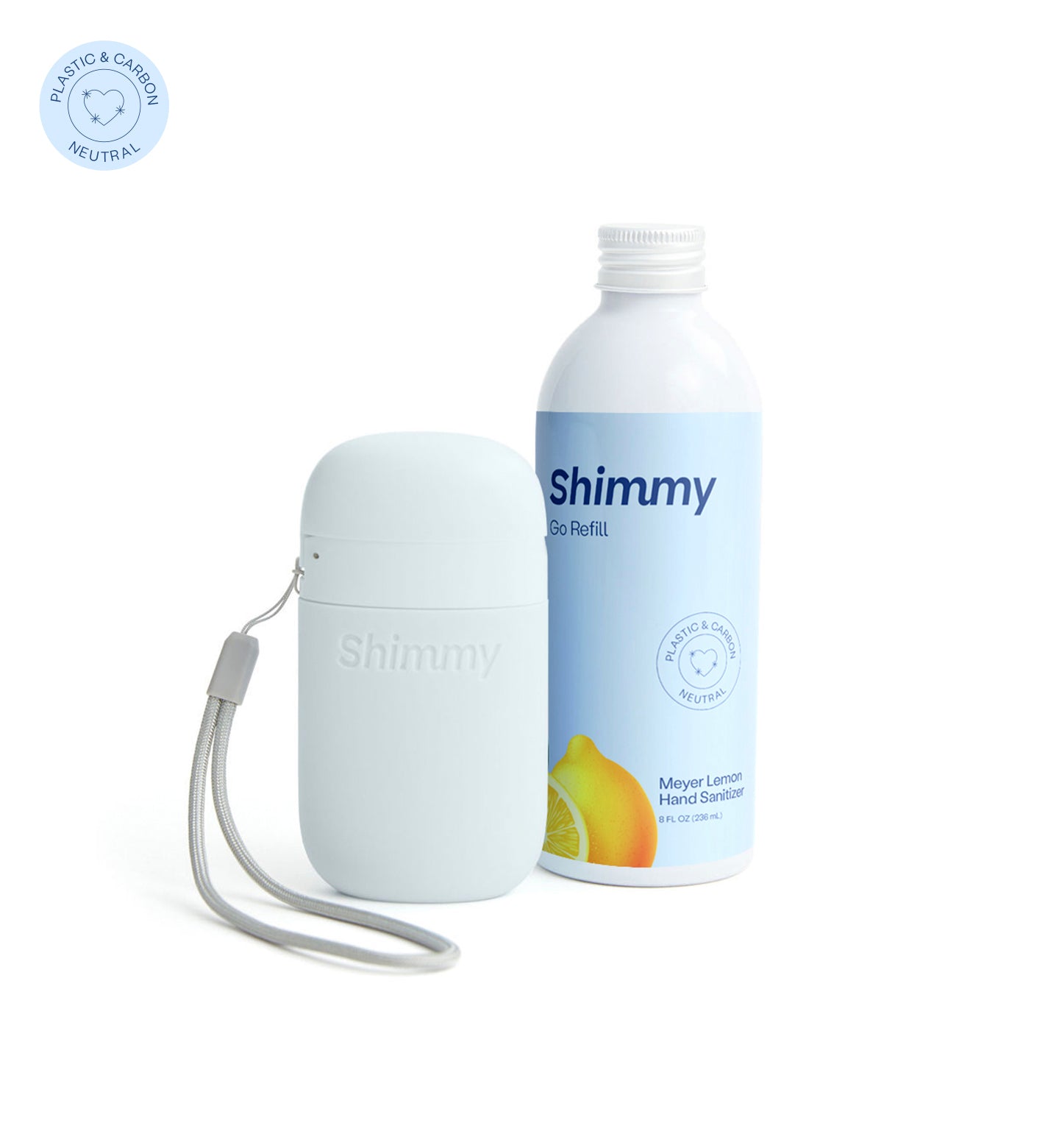 Shimmy Go Portable Hand Sanitizer Dispenser Soft Blue + Meyer Lemon Hand Sanitizer [40734807326911] - 
