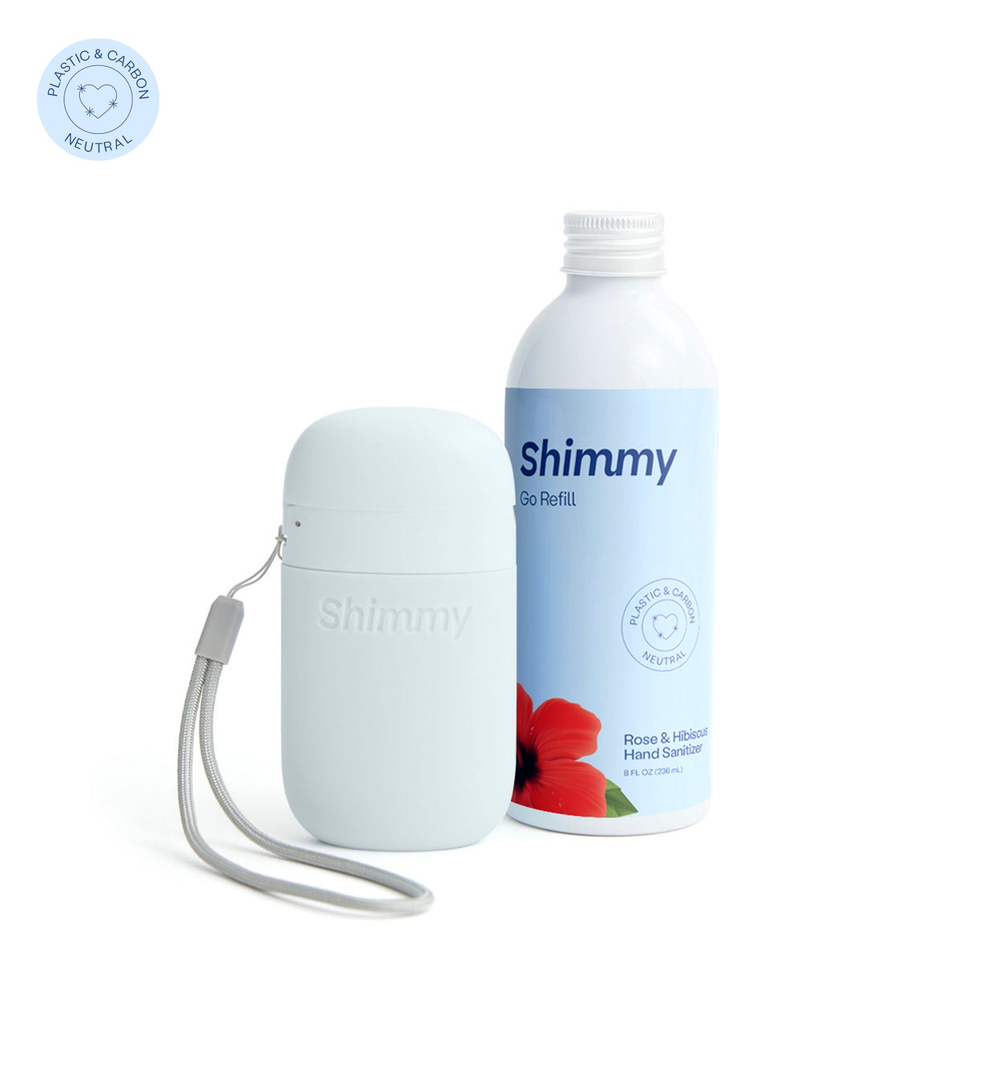 Shimmy Go Portable Hand Sanitizer Dispenser Soft Blue + Rose & Hibiscus Hand Sanitizer [40734812373183] - 