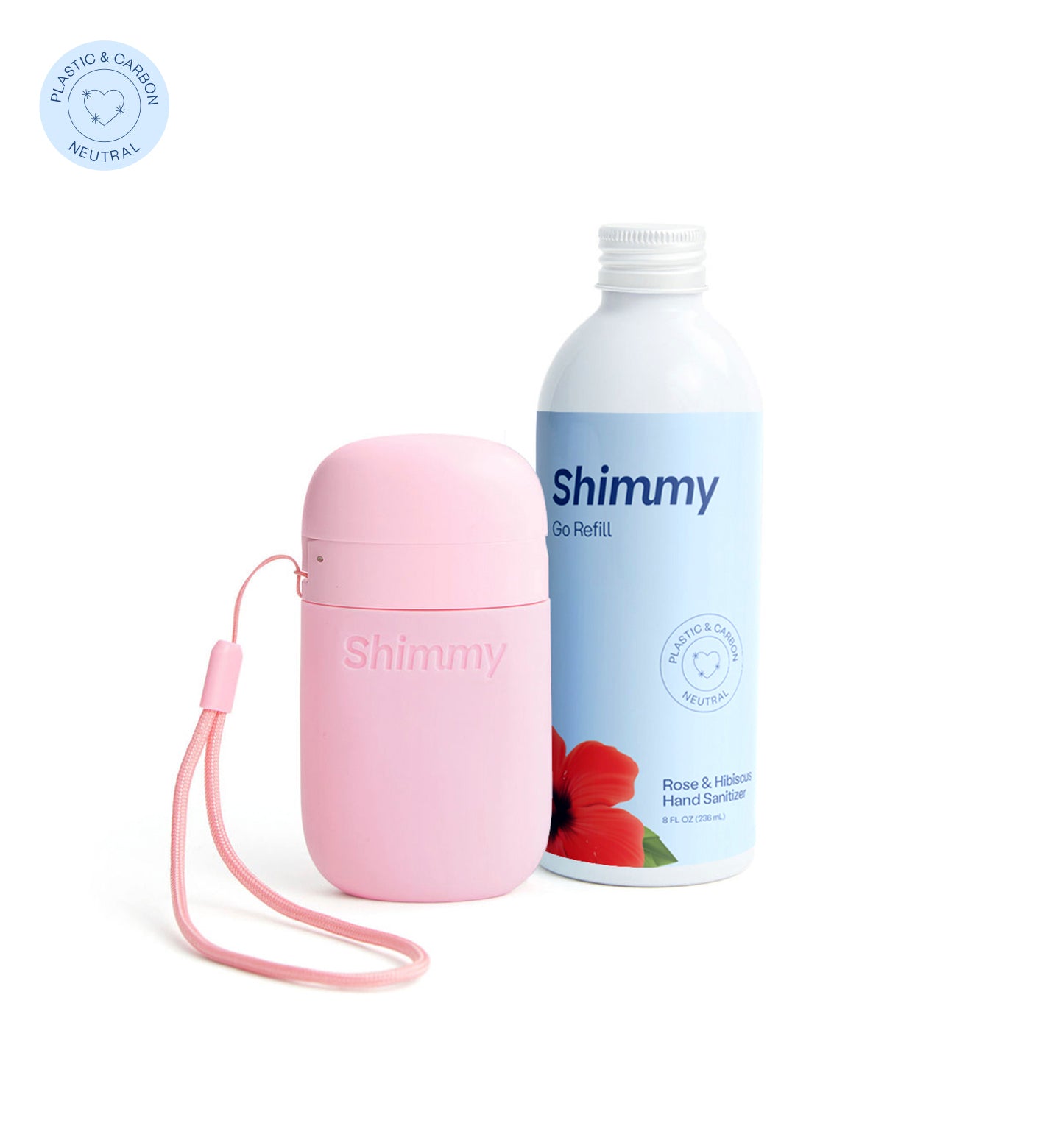 Shimmy Go Portable Hand Sanitizer Dispenser Soft Pink + Rose & Hibiscus Hand Sanitizer [40734812438719] - 